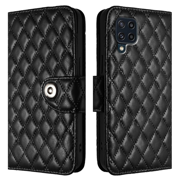 For Samsung Galaxy M32 4G / M22 Rhombic Texture Flip Leather Phone Case with Lanyard