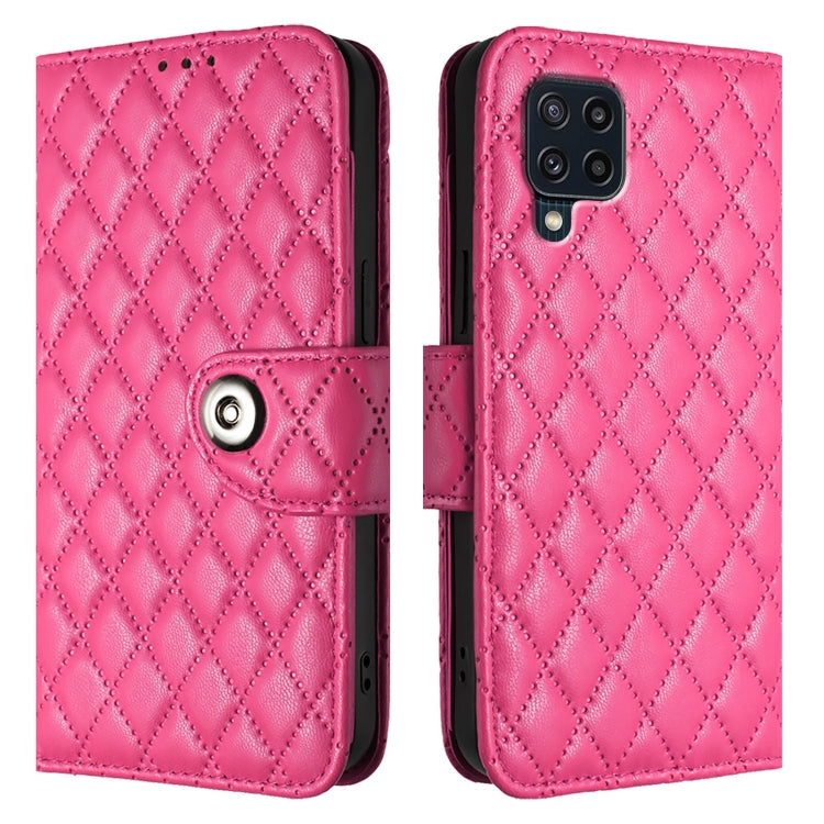 For Samsung Galaxy M32 4G / M22 Rhombic Texture Flip Leather Phone Case with Lanyard