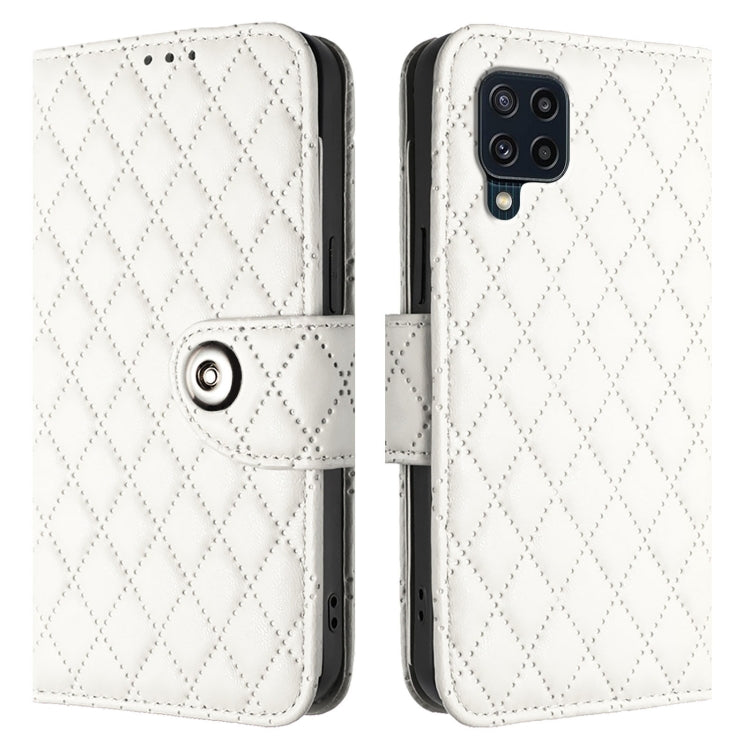 For Samsung Galaxy M32 4G / M22 Rhombic Texture Flip Leather Phone Case with Lanyard