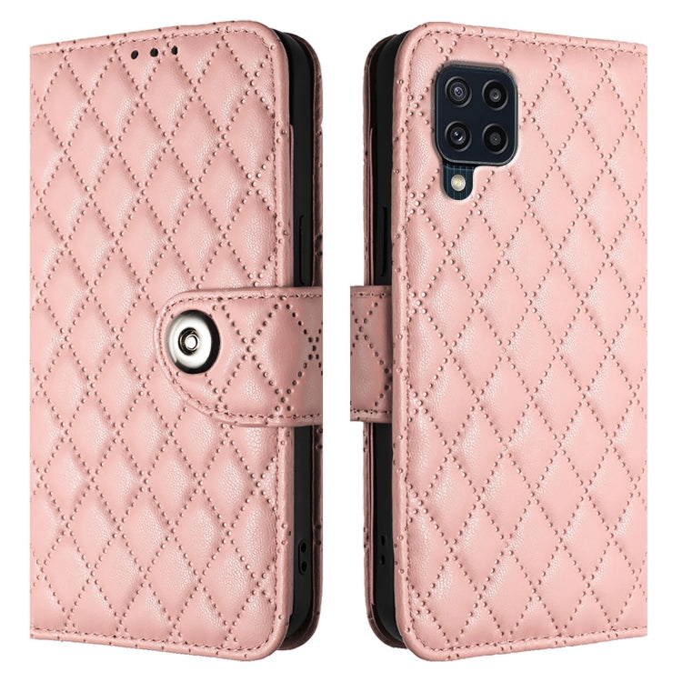 For Samsung Galaxy M32 4G / M22 Rhombic Texture Flip Leather Phone Case with Lanyard