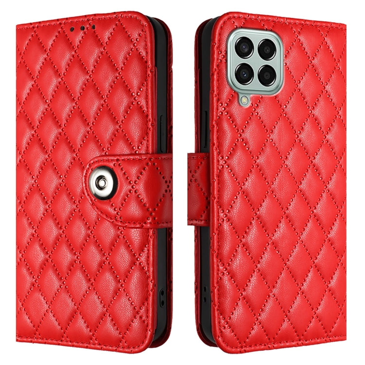 For Samsung Galaxy M33 5G Global Rhombic Texture Flip Leather Phone Case with Lanyard