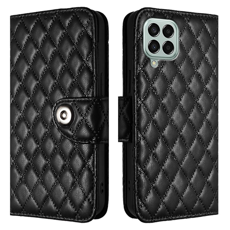 For Samsung Galaxy M33 5G Global Rhombic Texture Flip Leather Phone Case with Lanyard