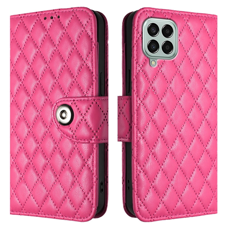 For Samsung Galaxy M33 5G Global Rhombic Texture Flip Leather Phone Case with Lanyard
