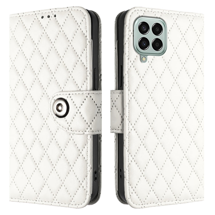 For Samsung Galaxy M33 5G Global Rhombic Texture Flip Leather Phone Case with Lanyard