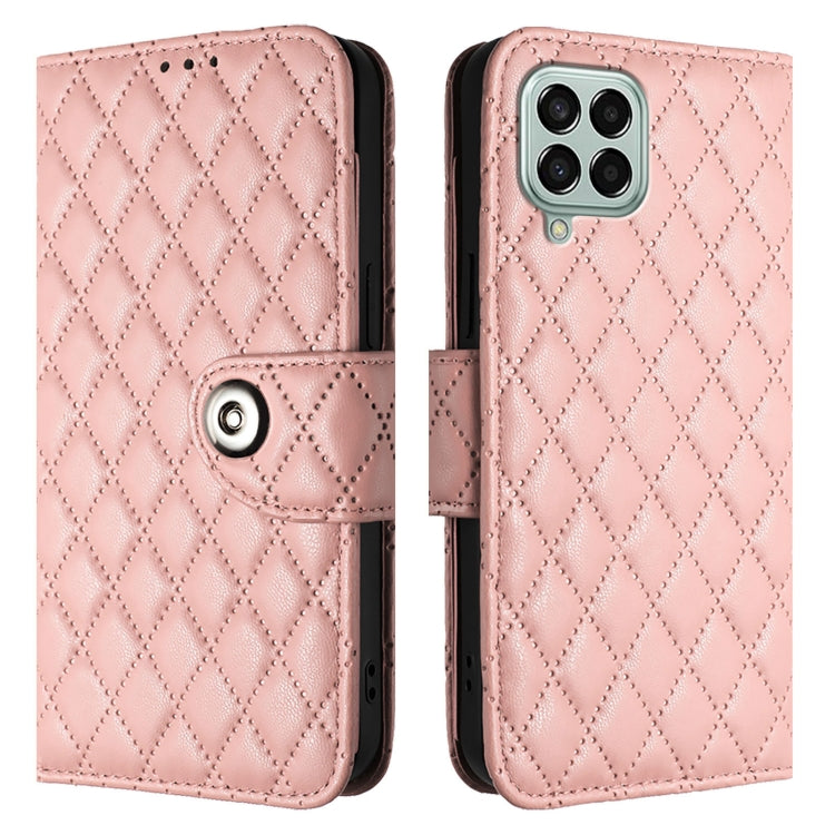 For Samsung Galaxy M33 5G Global Rhombic Texture Flip Leather Phone Case with Lanyard