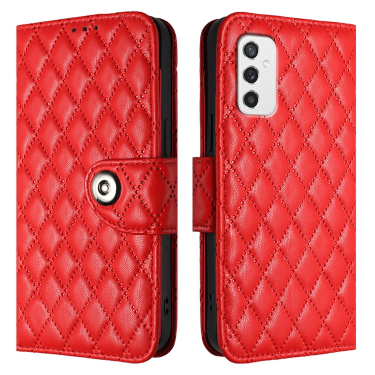 For Samsung Galaxy M52 5G Rhombic Texture Flip Leather Phone Case with Lanyard