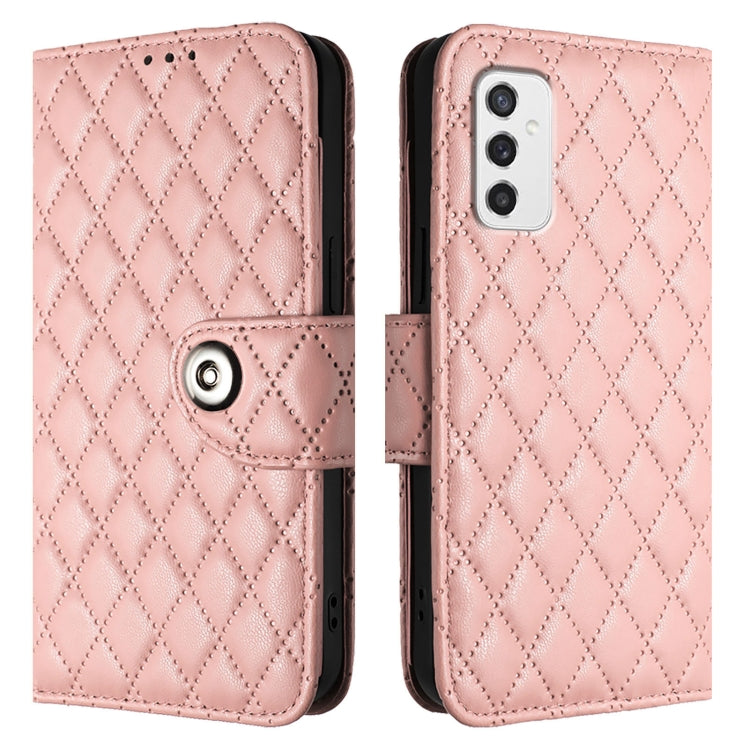 For Samsung Galaxy M52 5G Rhombic Texture Flip Leather Phone Case with Lanyard