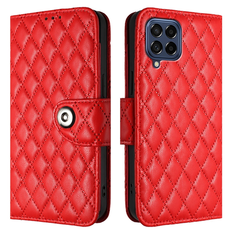 For Samsung Galaxy M53 5G Rhombic Texture Flip Leather Phone Case with Lanyard