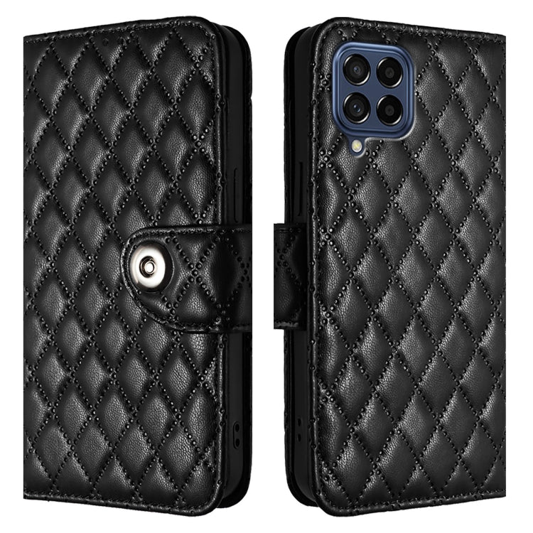 For Samsung Galaxy M53 5G Rhombic Texture Flip Leather Phone Case with Lanyard