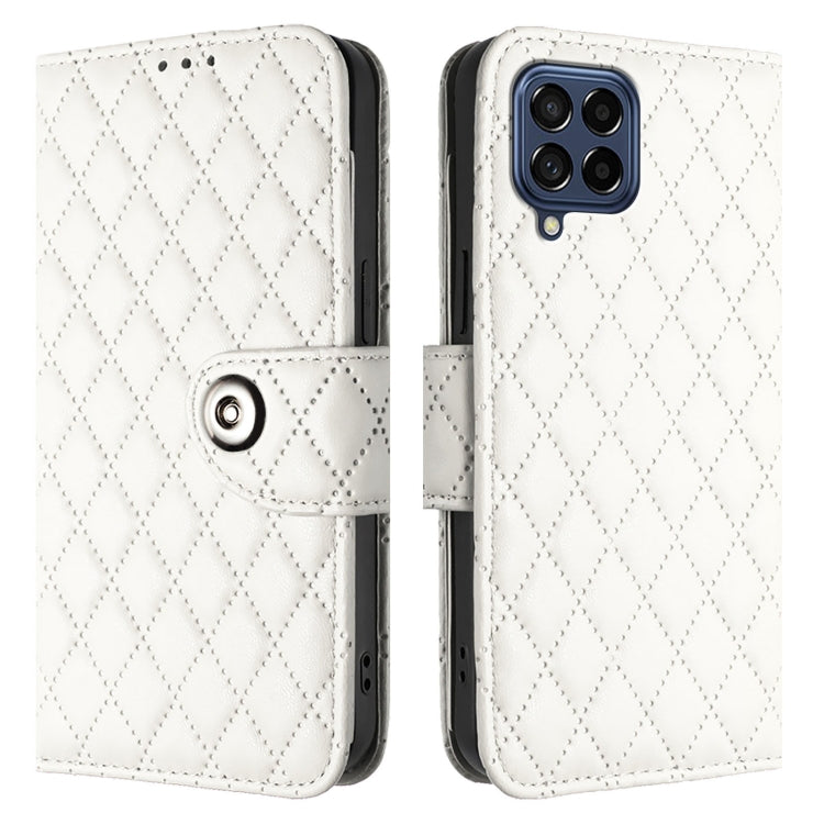 For Samsung Galaxy M53 5G Rhombic Texture Flip Leather Phone Case with Lanyard