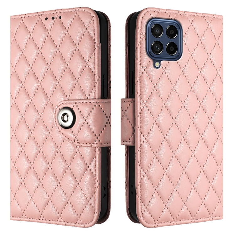 For Samsung Galaxy M53 5G Rhombic Texture Flip Leather Phone Case with Lanyard