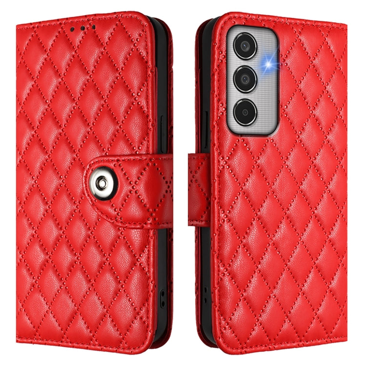 For Samsung Galaxy M35 Rhombic Texture Flip Leather Phone Case with Lanyard