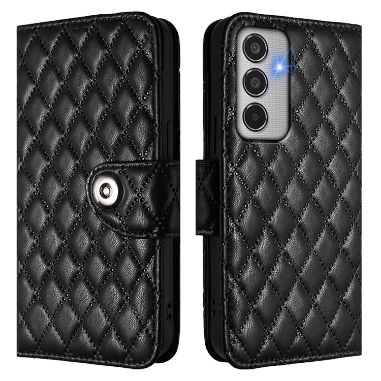 For Samsung Galaxy M35 Rhombic Texture Flip Leather Phone Case with Lanyard