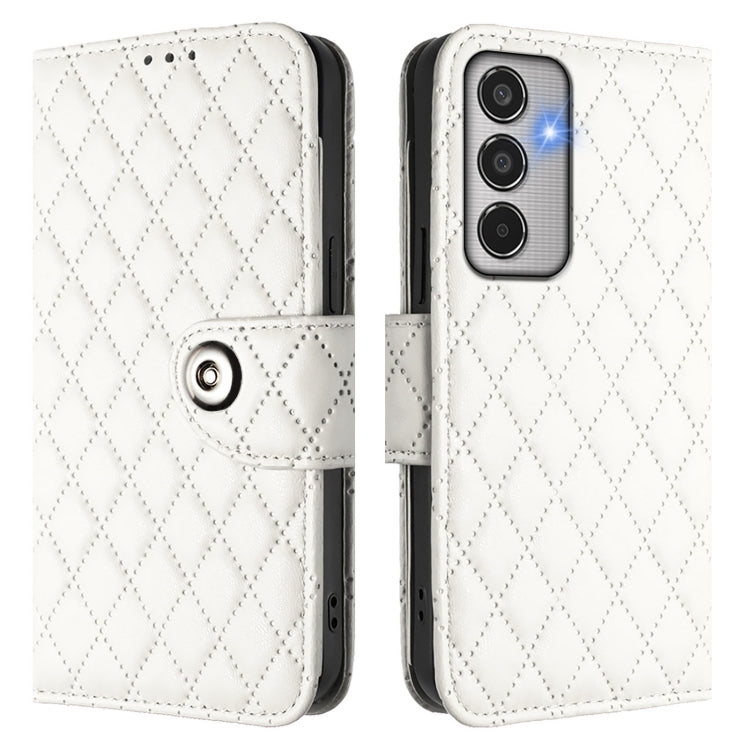 For Samsung Galaxy M35 Rhombic Texture Flip Leather Phone Case with Lanyard