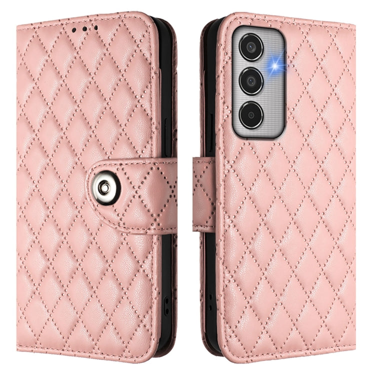 For Samsung Galaxy M35 Rhombic Texture Flip Leather Phone Case with Lanyard