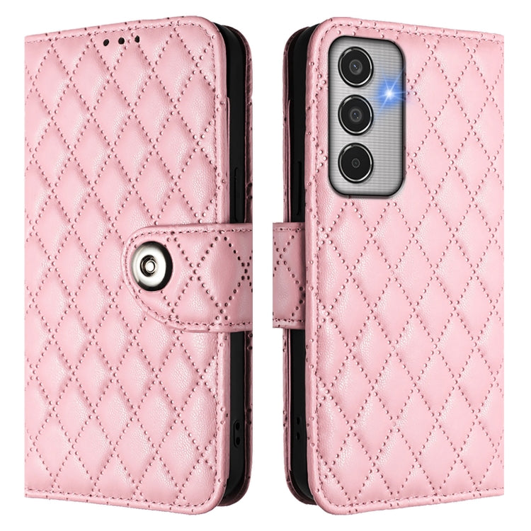For Samsung Galaxy M35 Rhombic Texture Flip Leather Phone Case with Lanyard