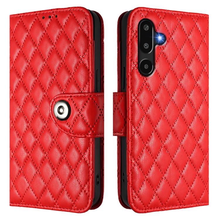 For Samsung Galaxy M16 5G Global Rhombic Texture Flip Leather Phone Case with Lanyard