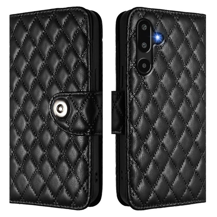For Samsung Galaxy M16 5G Global Rhombic Texture Flip Leather Phone Case with Lanyard