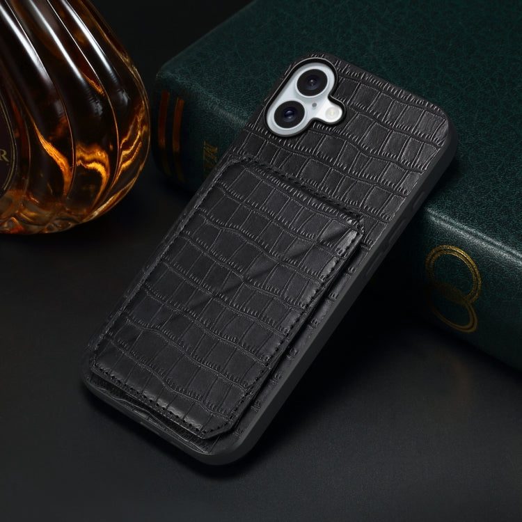 For iPhone 16 Imitation Crocodile Leather Back Phone Case with Holder