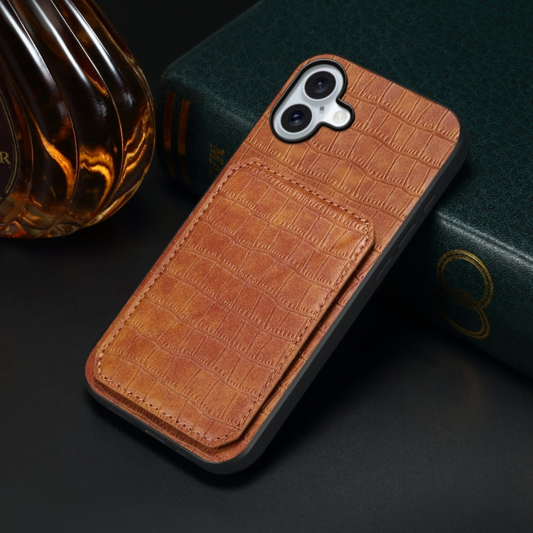 For iPhone 16 Imitation Crocodile Leather Back Phone Case with Holder