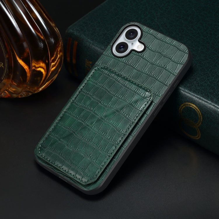For iPhone 16 Plus Imitation Crocodile Leather Back Phone Case with Holder