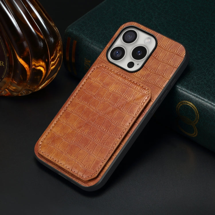 For iPhone 16 Pro Imitation Crocodile Leather Back Phone Case with Holder