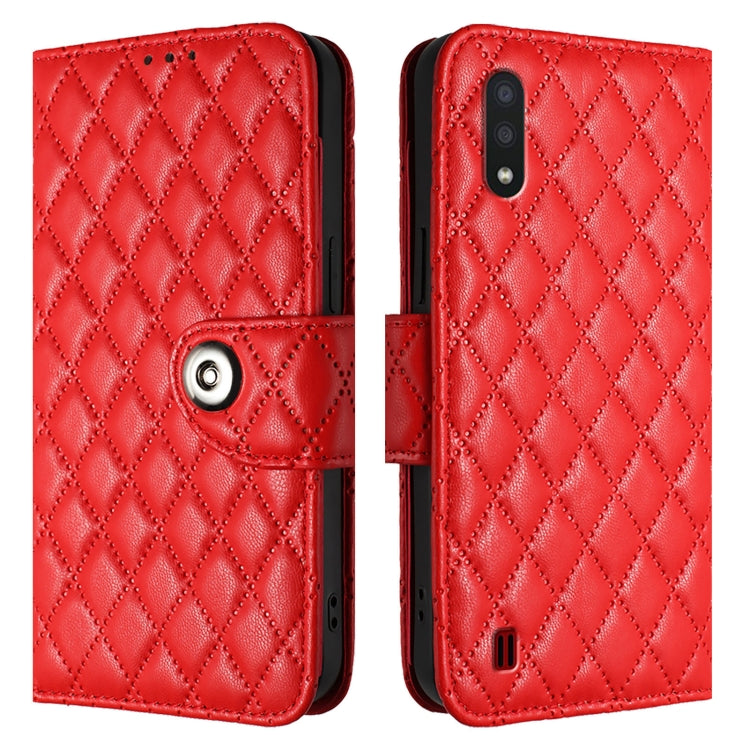 For Samsung Galaxy A01 EU Rhombic Texture Flip Leather Phone Case with Lanyard