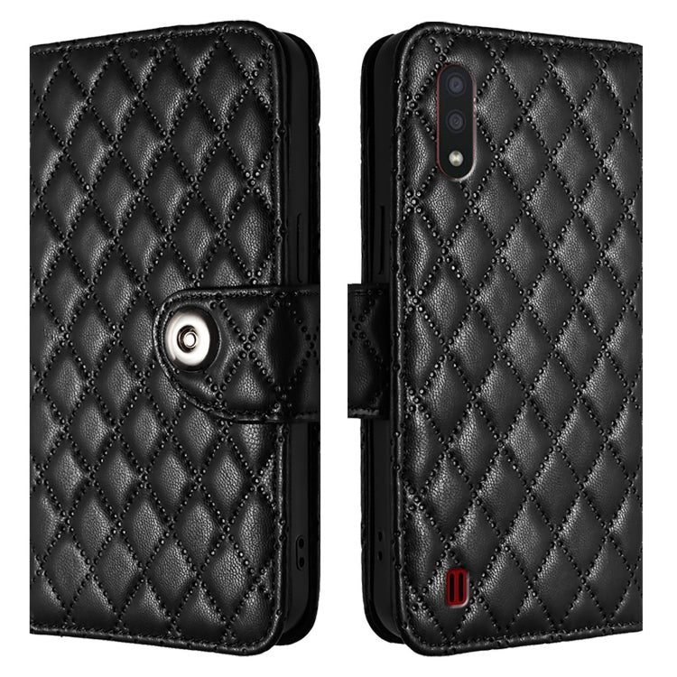 For Samsung Galaxy A01 EU Rhombic Texture Flip Leather Phone Case with Lanyard
