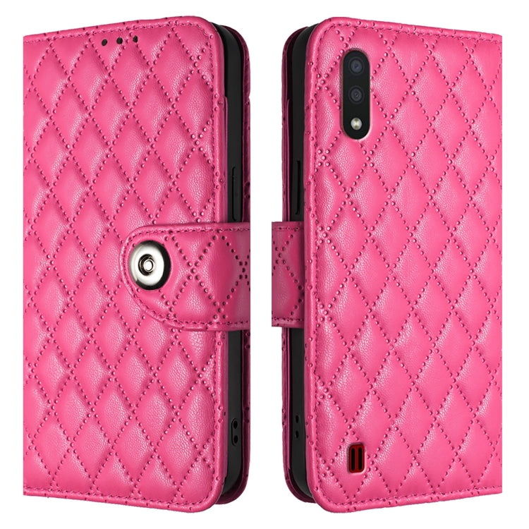 For Samsung Galaxy A01 EU Rhombic Texture Flip Leather Phone Case with Lanyard