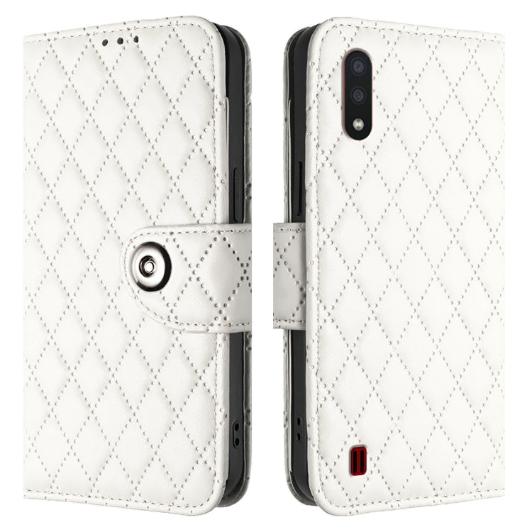 For Samsung Galaxy A01 EU Rhombic Texture Flip Leather Phone Case with Lanyard