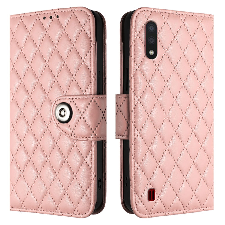 For Samsung Galaxy A01 EU Rhombic Texture Flip Leather Phone Case with Lanyard