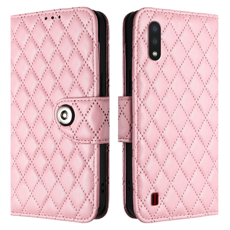 For Samsung Galaxy A01 EU Rhombic Texture Flip Leather Phone Case with Lanyard