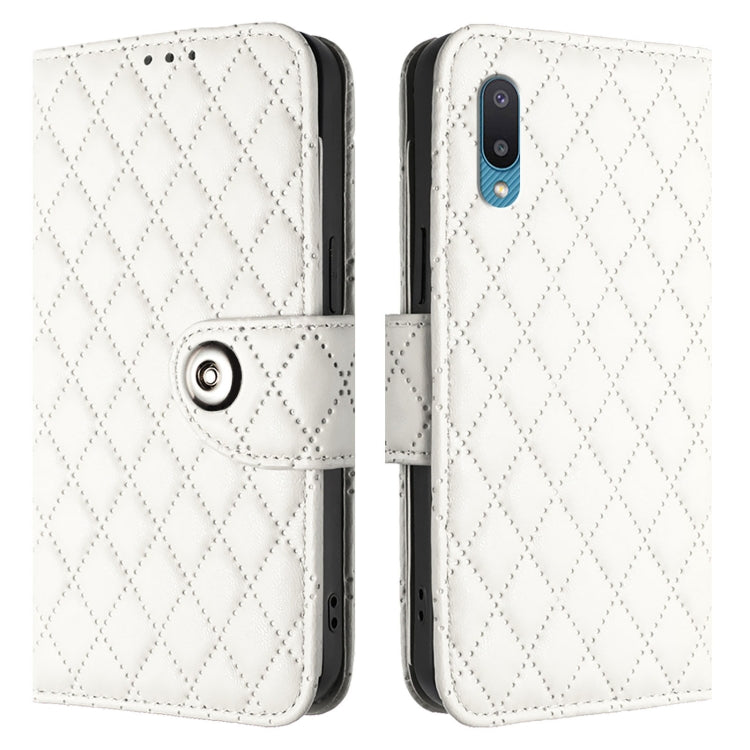 For Samsung Galaxy A02 / M02 Rhombic Texture Flip Leather Phone Case with Lanyard