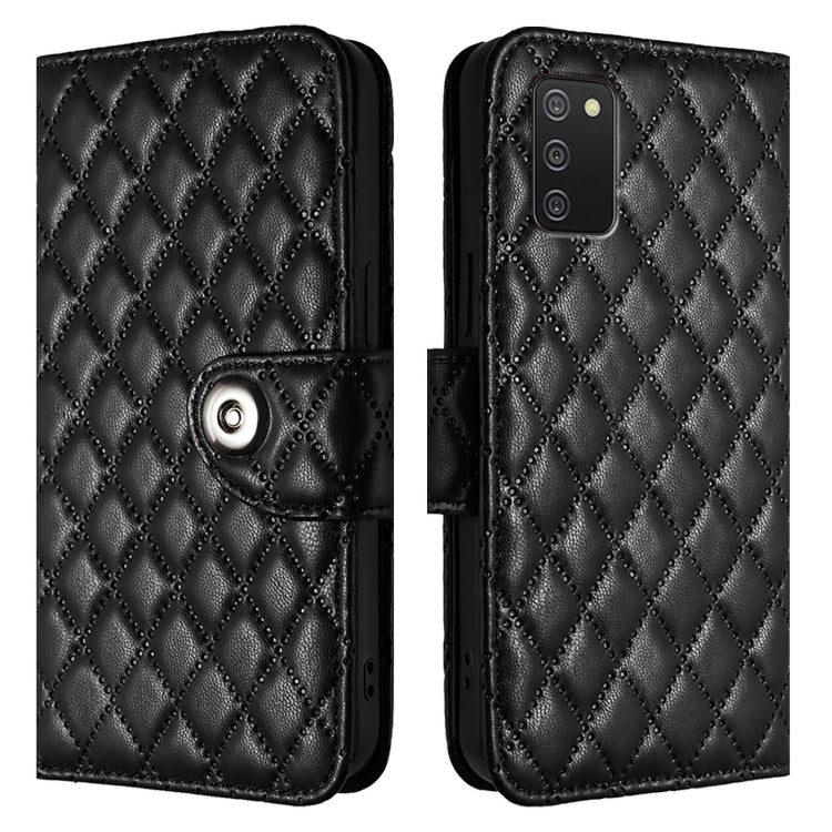For Samsung Galaxy A02s 166mm Rhombic Texture Flip Leather Phone Case with Lanyard