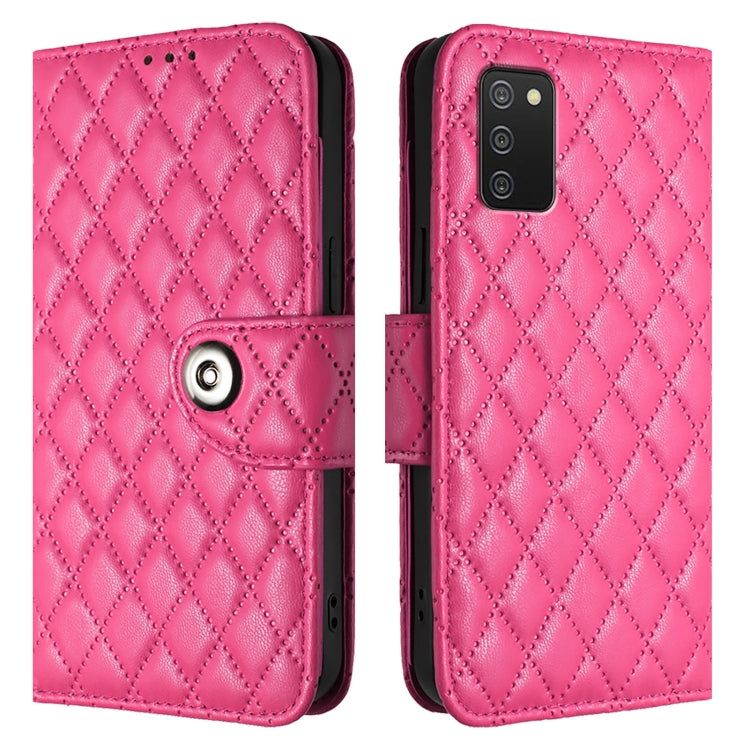 For Samsung Galaxy A02s 166mm Rhombic Texture Flip Leather Phone Case with Lanyard