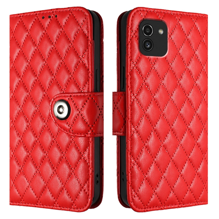 For Samsung Galaxy A03 164mm Rhombic Texture Flip Leather Phone Case with Lanyard