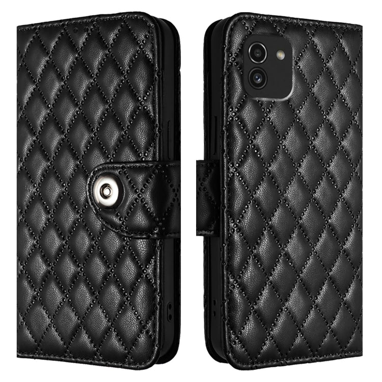 For Samsung Galaxy A03 164mm Rhombic Texture Flip Leather Phone Case with Lanyard