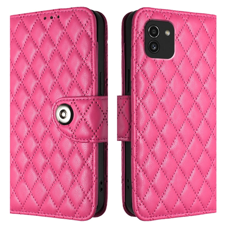 For Samsung Galaxy A03 166mm Rhombic Texture Flip Leather Phone Case with Lanyard