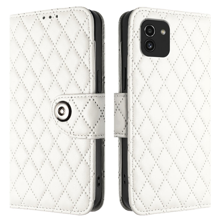 For Samsung Galaxy A03 166mm Rhombic Texture Flip Leather Phone Case with Lanyard