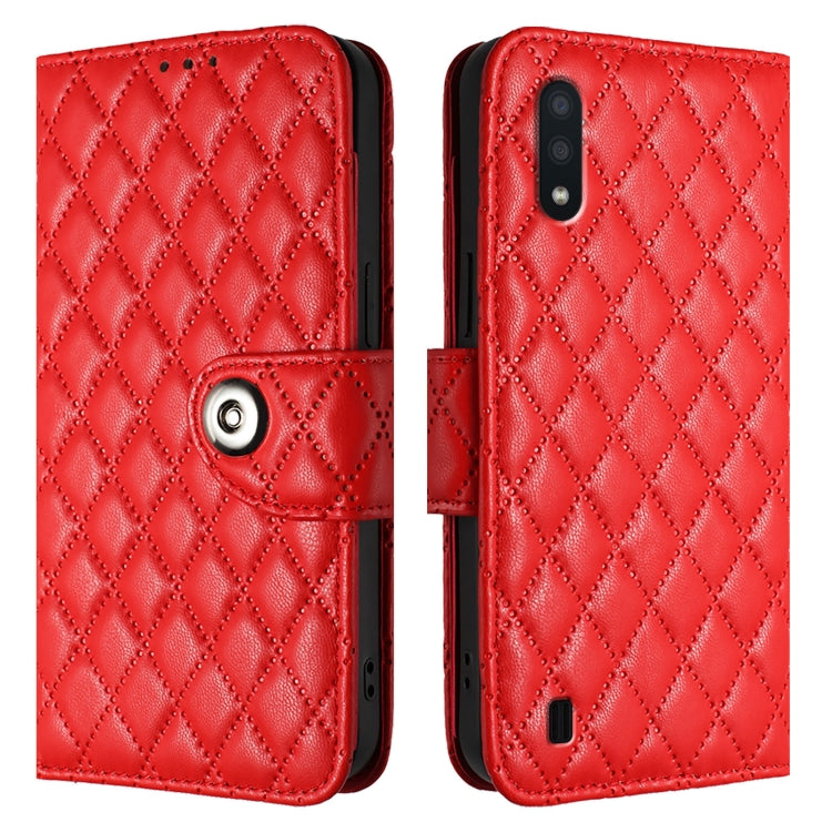 For Samsung Galaxy A10 / M10 EU Rhombic Texture Flip Leather Phone Case with Lanyard