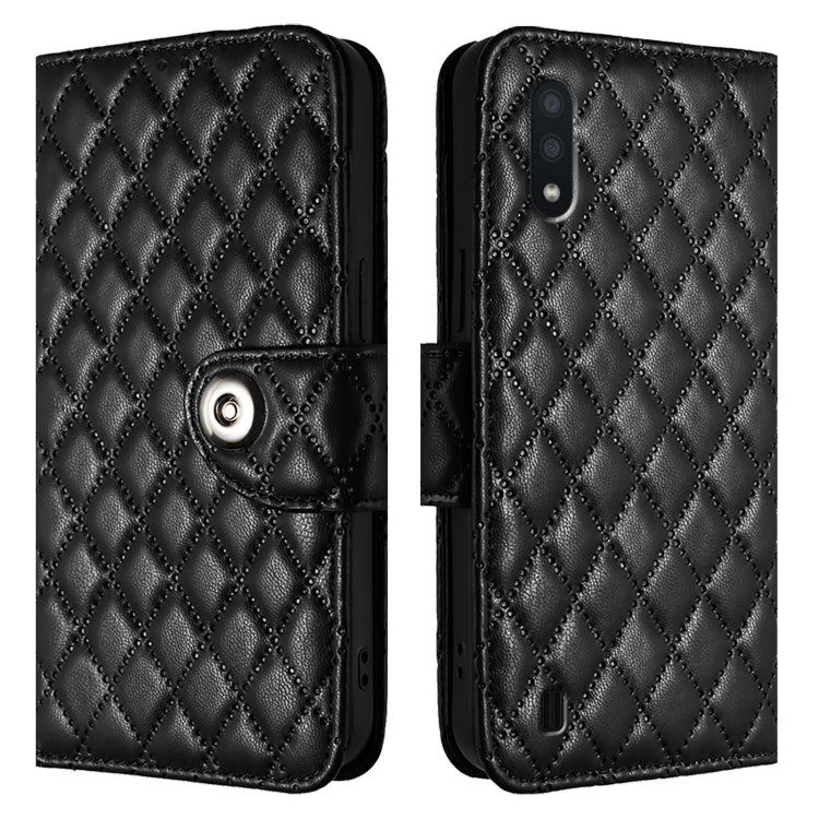 For Samsung Galaxy A10 / M10 EU Rhombic Texture Flip Leather Phone Case with Lanyard