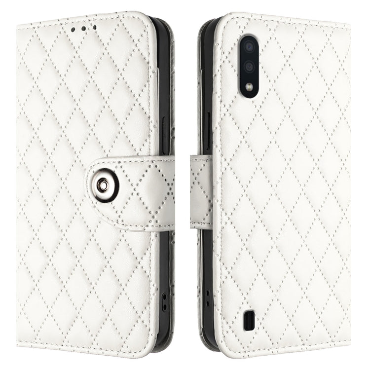 For Samsung Galaxy A10 / M10 EU Rhombic Texture Flip Leather Phone Case with Lanyard
