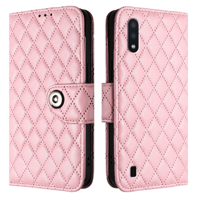 For Samsung Galaxy A10 / M10 EU Rhombic Texture Flip Leather Phone Case with Lanyard