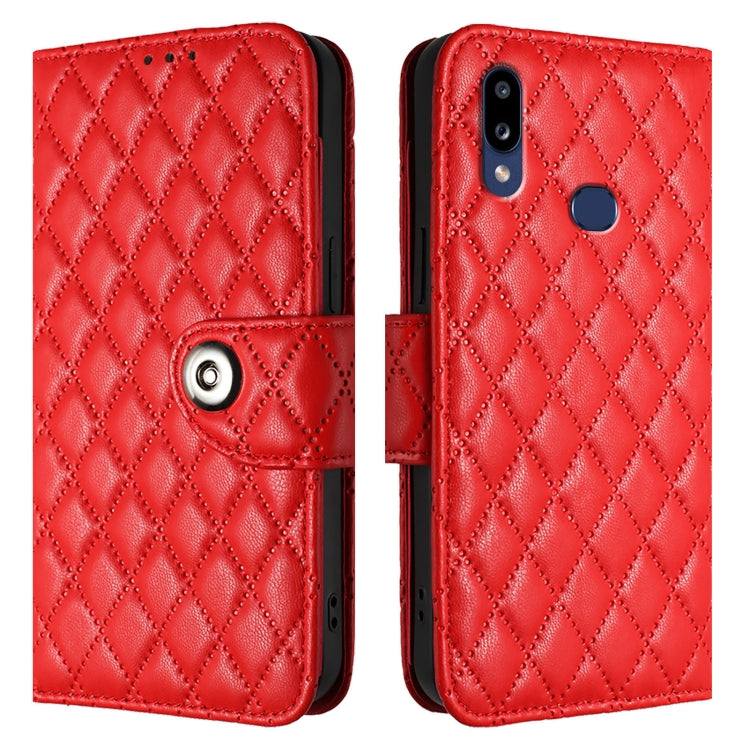 For Samsung Galaxy A10s / M01s Rhombic Texture Flip Leather Phone Case with Lanyard