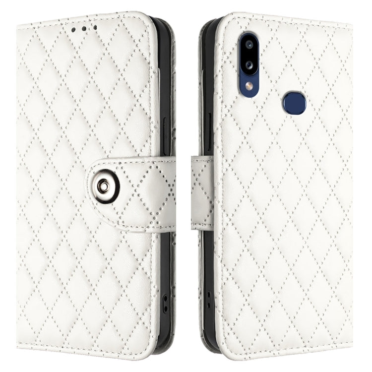 For Samsung Galaxy A10s / M01s Rhombic Texture Flip Leather Phone Case with Lanyard