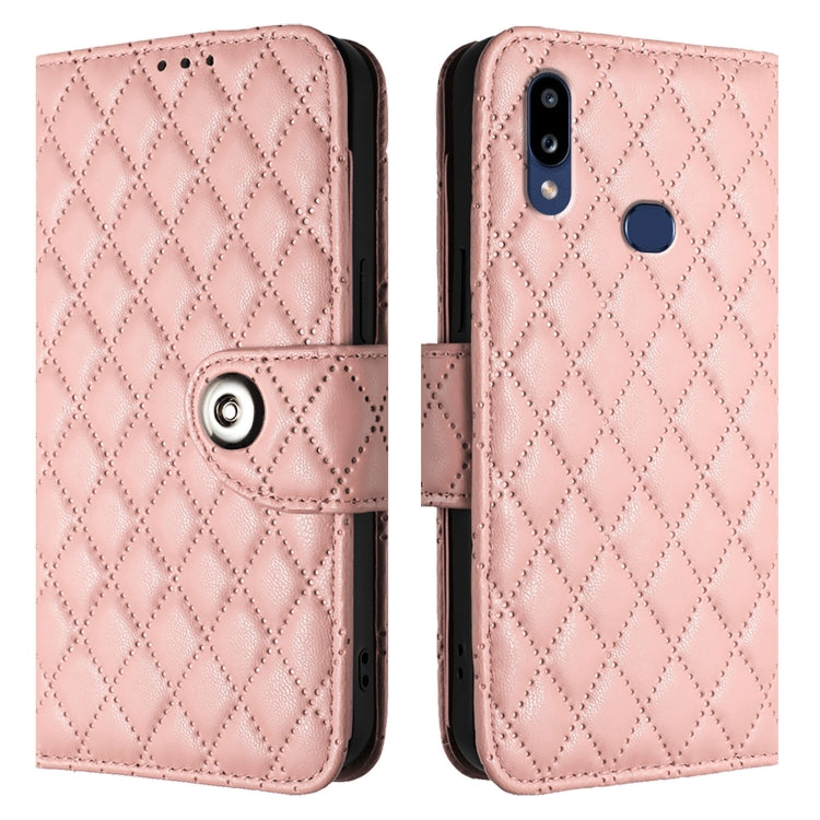 For Samsung Galaxy A10s / M01s Rhombic Texture Flip Leather Phone Case with Lanyard