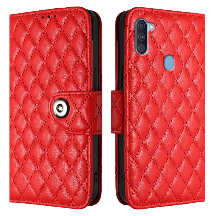 For Samsung Galaxy A11 EU Rhombic Texture Flip Leather Phone Case with Lanyard