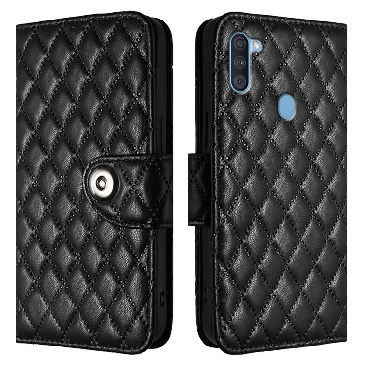 For Samsung Galaxy A11 EU Rhombic Texture Flip Leather Phone Case with Lanyard