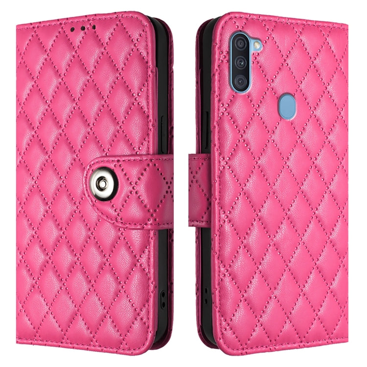For Samsung Galaxy A11 EU Rhombic Texture Flip Leather Phone Case with Lanyard