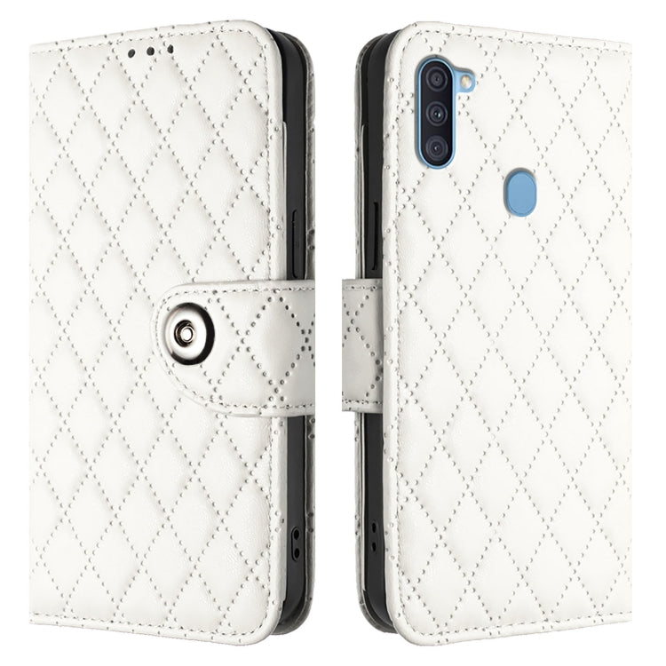 For Samsung Galaxy A11 EU Rhombic Texture Flip Leather Phone Case with Lanyard